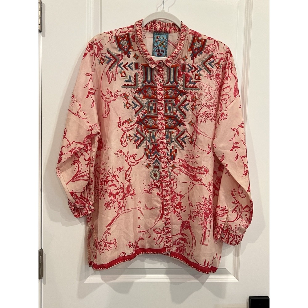 Johnny Was Wilton Blouse Womens Size S Silk Button Up Aztec Retail Price $225.00